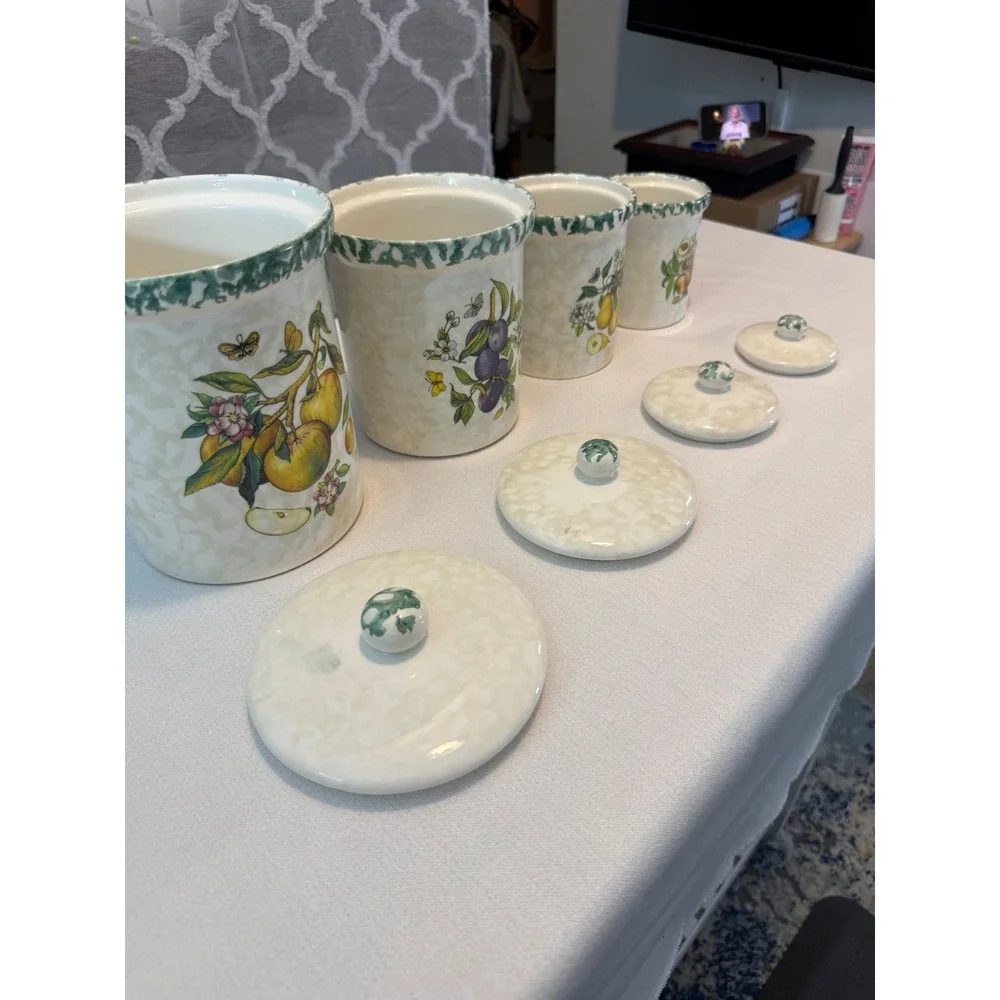 Vintage Himark Italy Ceramic Fruit Canister Set 4 Piece Green Trim Farmhouse